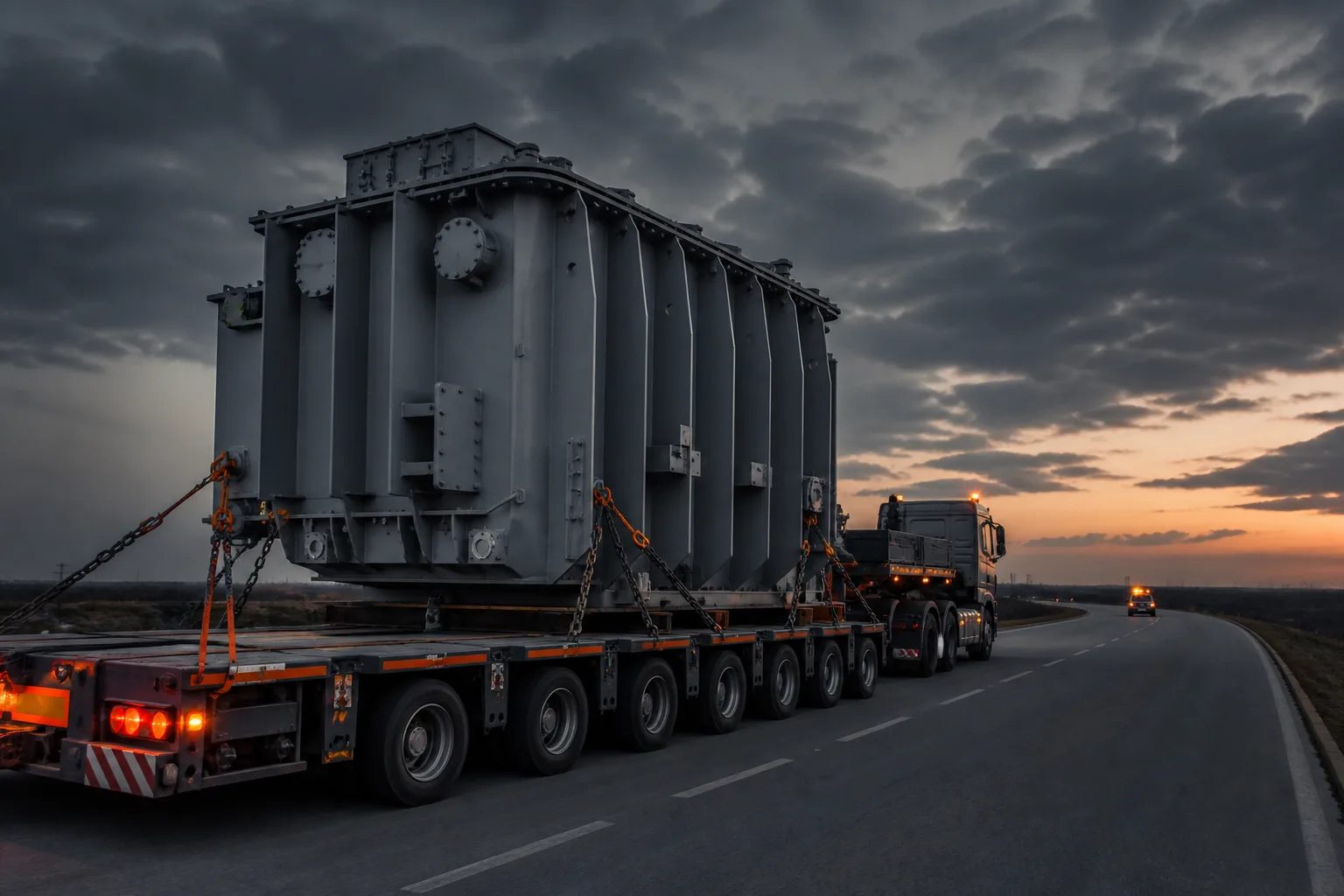 Lowbed araç üzerinde taşınan büyük endüstriyel proje yükü