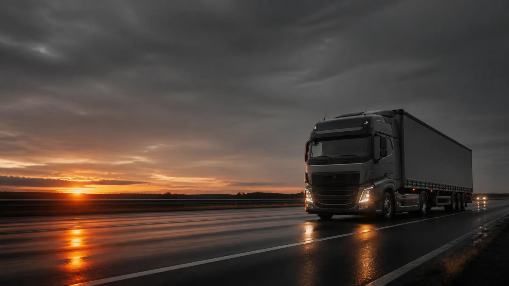 Freight truck driving on the road at sunrise