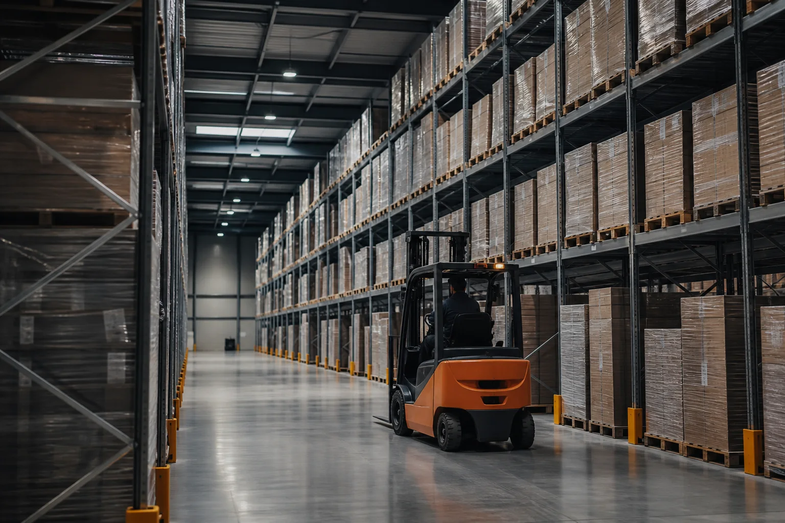 Logistics warehouse with shelving systems and forklift