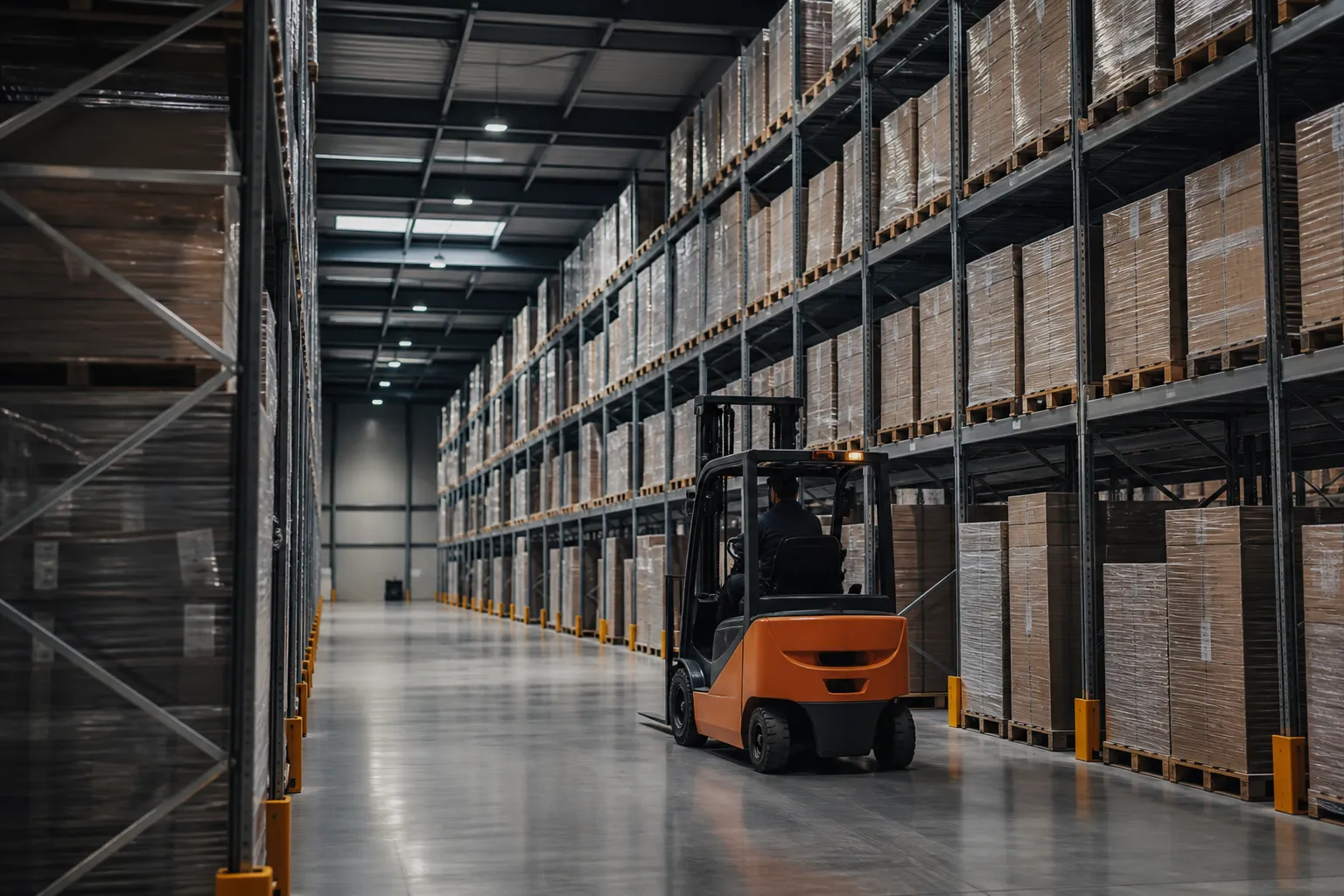Logistics warehouse with shelving systems and forklift